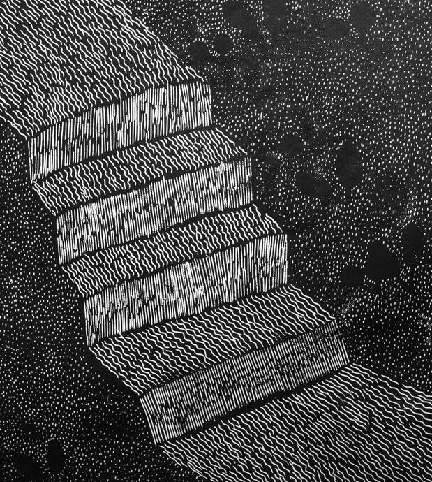 WATER LANDSCAPES- big size linocuts, landscapes with water roads, creatures, plants, and hidden objects.