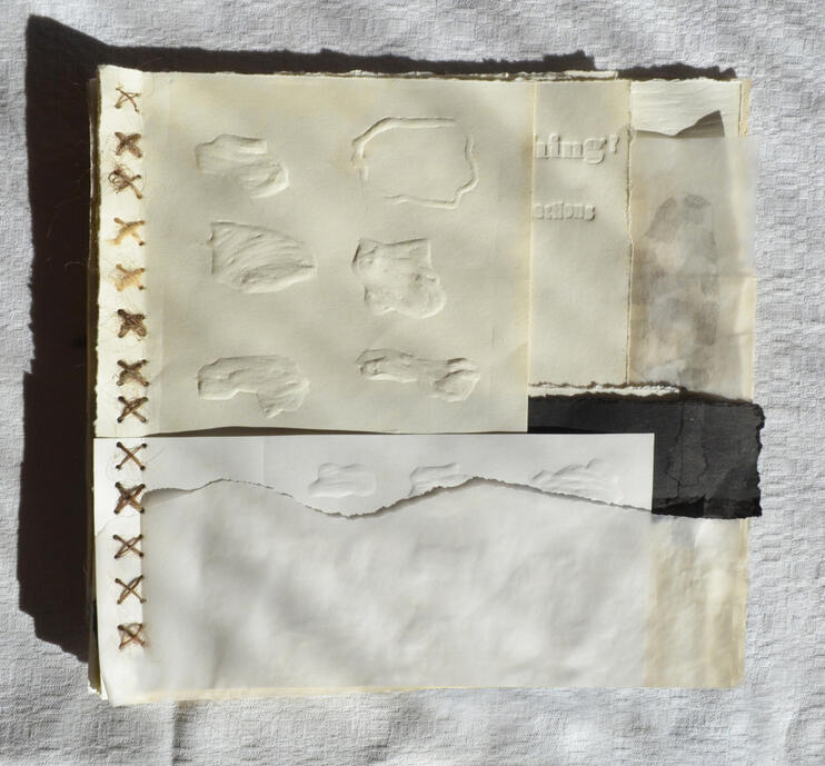 BOOK OF STONES- recycled handmade art book. In a project I contemplate mortality as a feature of life. In my mother tongue, stones are referred to as unliving nature, which has never resonated with me. The texts in the book are research for empathy.