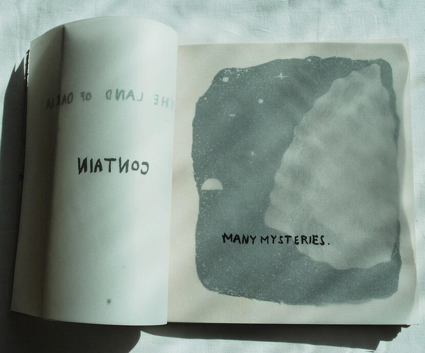 LAND OF OACLA- this book is a combination of lithography, text, and handmade paper made partially from grapefruit waste.The Land of Oacla is an art book project that delves into human fascination with other worlds.